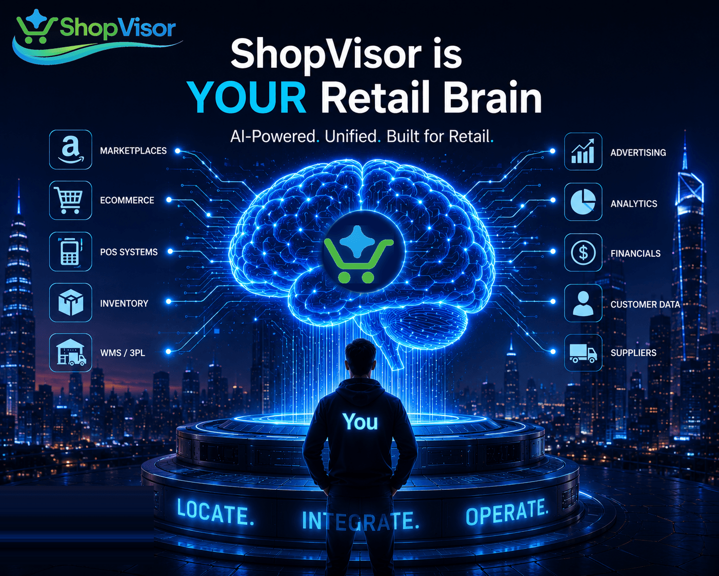 ShopVisor is YOUR Retail Brain — AI-powered, unified, built for retail. Locate, Integrate, Operate.